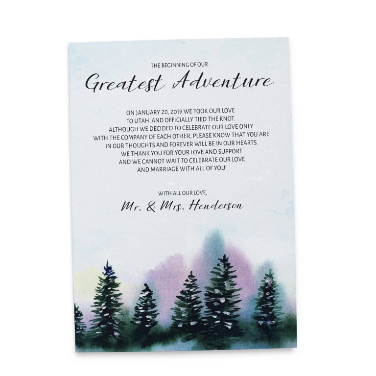 The Beginning of Our Greatest Adventure, Winter Pine Trees Elopement Cards, Elopement Announcement Cards elopement125