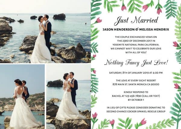 Just Married We Eloped Party Invites, Nothing Fancy Just Love Wedding Reception Invitation Cards, Add Your Photos elopement140