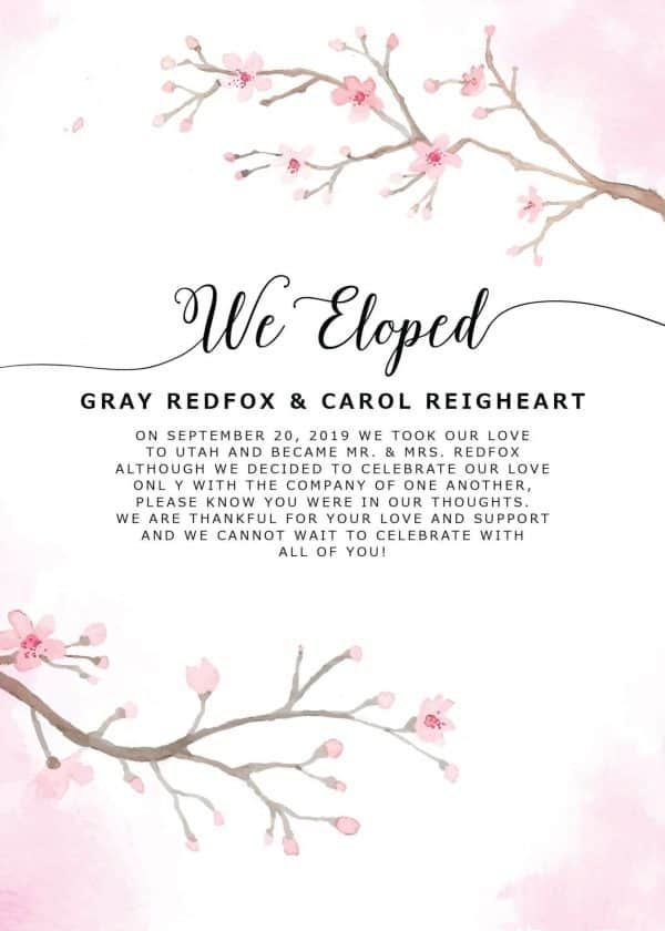 "We Eloped" Cards, Sakura Cherry Blossom Elopement Announcements, Elopement Announcement Cards elopement154