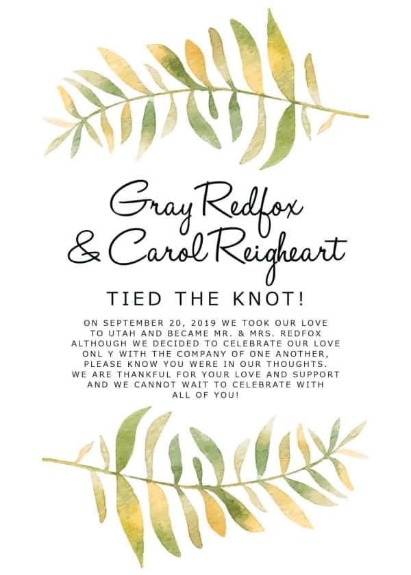 "Tied the Knot" Cards, Green Branches Elopement Announcements, Elopement Announcement Cards elopement155