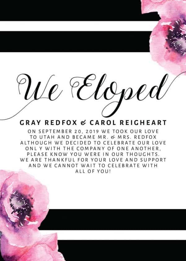 "We Eloped" Cards, Black and Floral Elopement Announcements, Elopement Announcement Cards elopement156