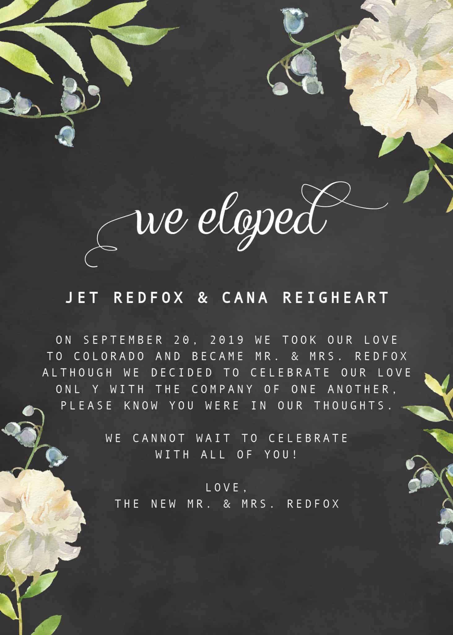 “We Eloped” Cards, Chalkboard Floral Elopement Announcements, Elopement