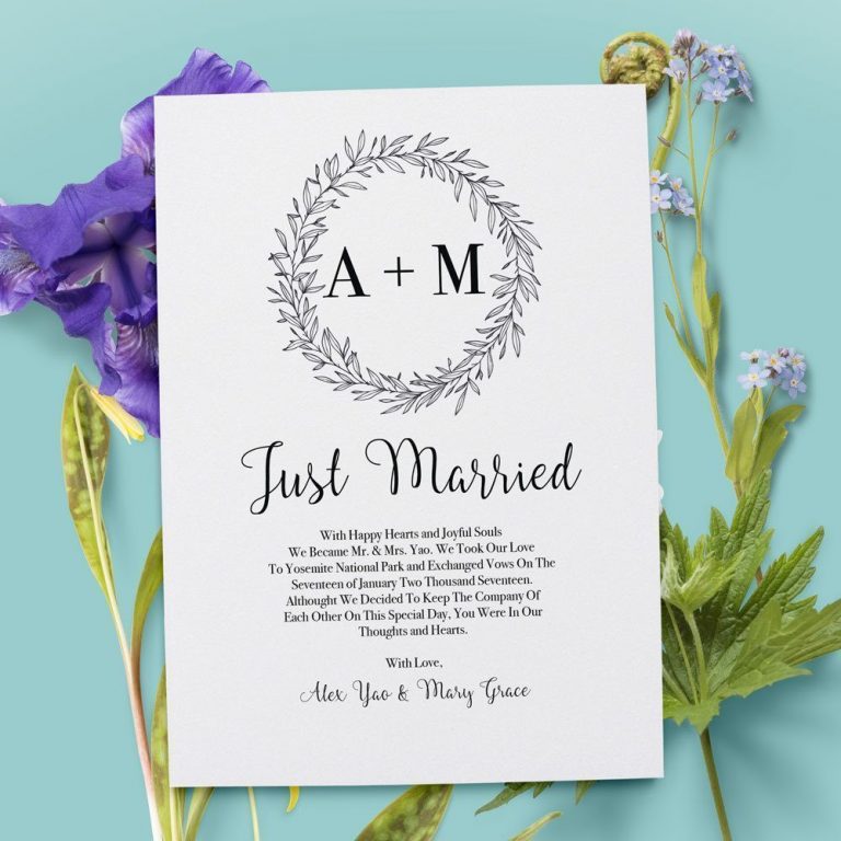 Simple Just Married Elopement Cards with Initials and Rustic Wreath elopement33
