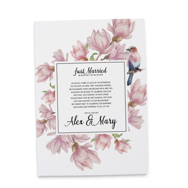 Just Married Elopement Announcement Cards, Pink Flowers and Bird Elopement Announcement Cards elopement83