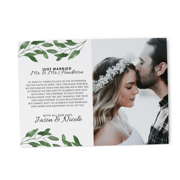"Just Married" Cards, Green Leaves Elopement Announcements, Elopement Announcement Cards Add Your Own Photo elopement90