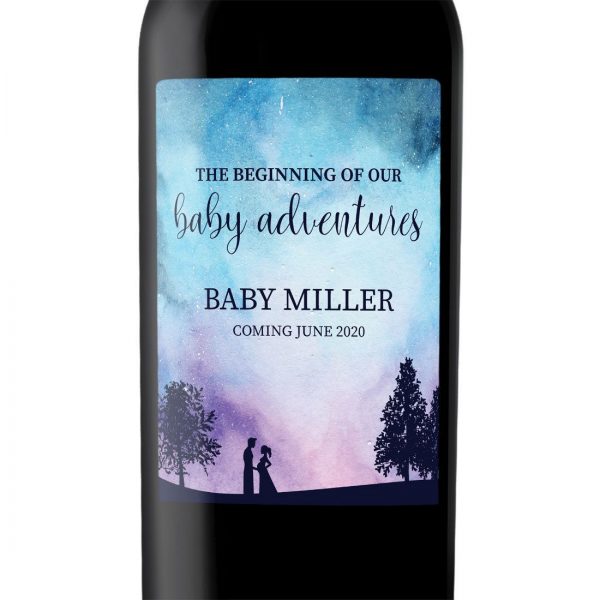 Baby Announcement Wine Label Stickers "The Beginning of our Baby Adventures", Baby Celebration Custom Bottle Label, Twilight Theme bwinelabel133