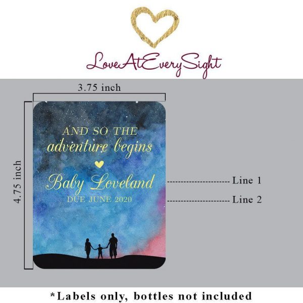 Pregnancy Announcement Wine Label Stickers, AND SO THE adventure begins, Baby Celebration Custom Bottle Label, Family Theme bwinelabel142