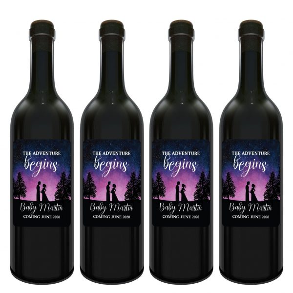 Baby Announcement Wine Label Stickers, "The Adventure Begins", Baby Celebration Custom Bottle Label, Unique Night Sky Theme bwinelabel130