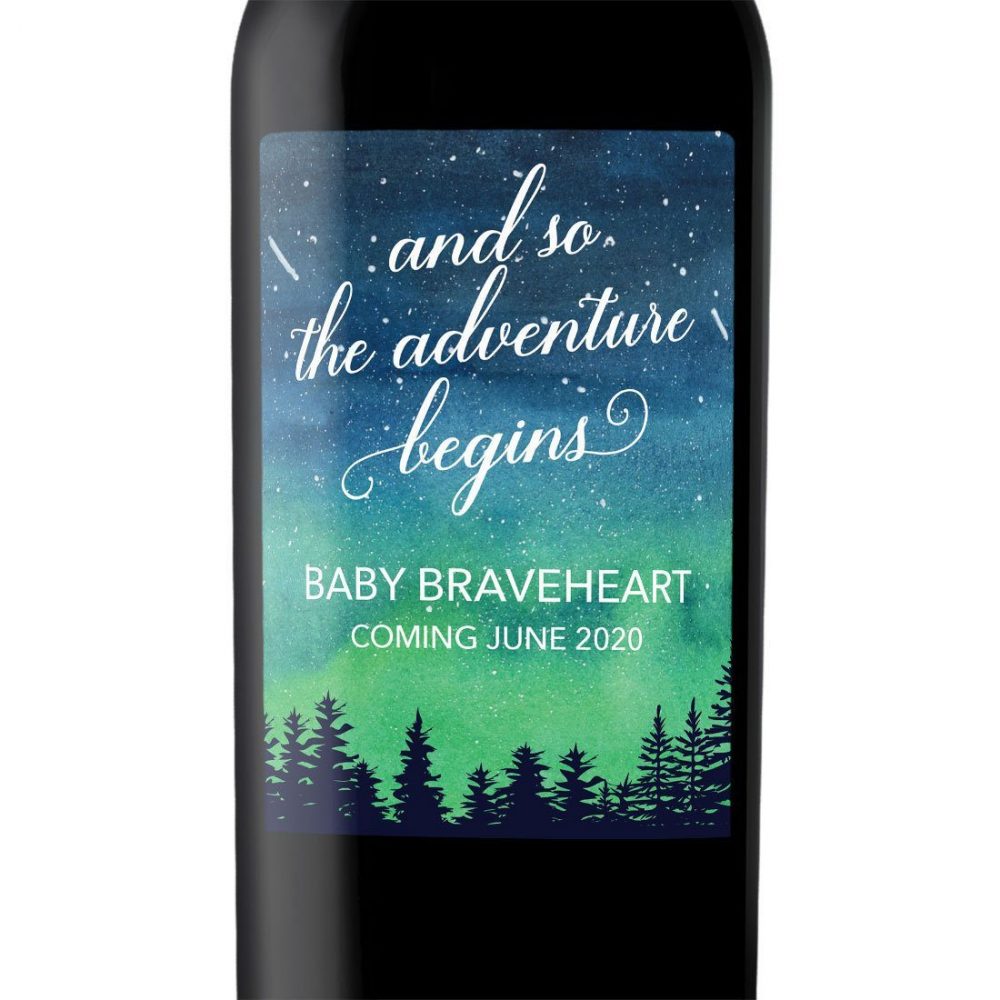 Baby Announcement Wine Label Stickers, "and so the adventure begins", Baby Celebration Custom Bottle Label, Exclusive Nebula Design bwinelabel134