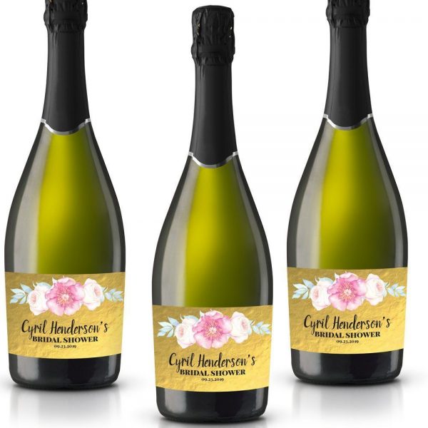 Golden Floral Personalized Mini Champagne Bottle Label Stickers for Bridal Shower, Bachelorette and Engagement Party