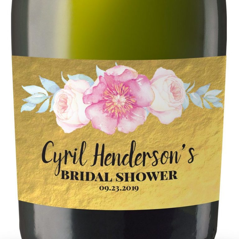 Golden Floral Personalized Mini Champagne Bottle Label Stickers for Bridal Shower, Bachelorette and Engagement Party