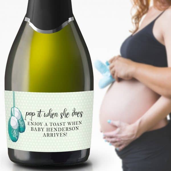 Mini Champagne Pregnancy Label Stickers "Pop it when She Does!", Custom and Personalized Pregnancy Baby Announcement Label Sticker mn213