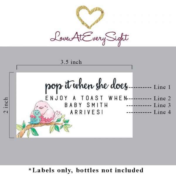 Mini Champagne Pregnancy Label Stickers "Pop it when She Does!", Custom and Personalized Pregnancy Baby Announcement Label Sticker mn214