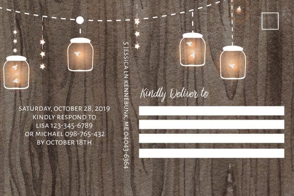 Rustic Nothing Fancy Just Love Wedding Reception Invitation Cards with String Lights and Mason Jars elopement138
