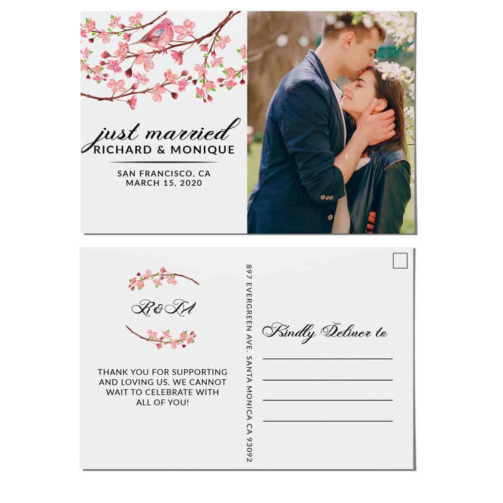 Just Married Elopement Announcement Postcards, Cherry Blossom Wedding Announcement Postcards, Elopement Announcement Postcards Just Married Elopement Announcement Postcards, Cherry Blossom Wedding Announcement Postcards, Elopement Announcement Postcards