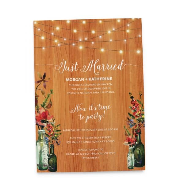 Rustic Just Married Casual BBQ Wedding Reception Party Invitation Cards, Mason Jars & String Lights elopement128
