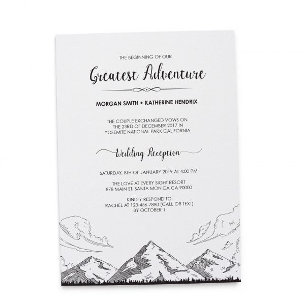 The Beginning of Our Greatest Adventure Wedding Reception Invitation, Simple, Mountains BBQ, Casual Party Wedding Reception Cards elopement131