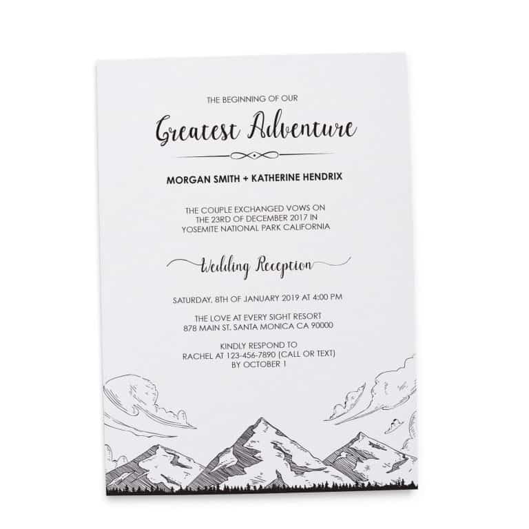 The Beginning of Our Greatest Adventure Wedding Reception Invitation, Simple, Mountains BBQ, Casual Party Wedding Reception Cards elopement131