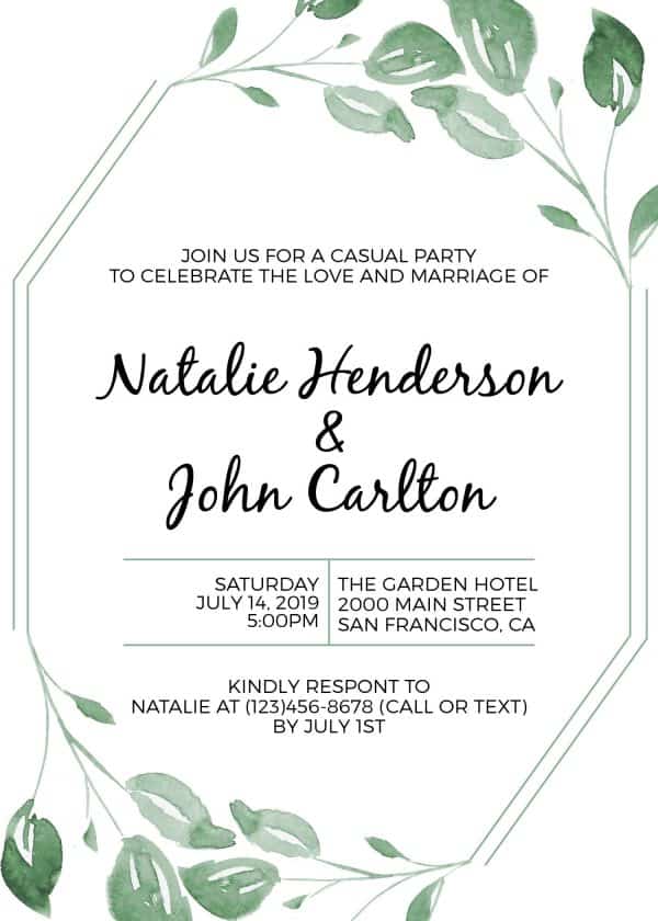Elopement Reception Party Invitations, Casual Wedding Reception Cards, Printed Printable Wedding Party Card, Fresh Green Leaves elopement250