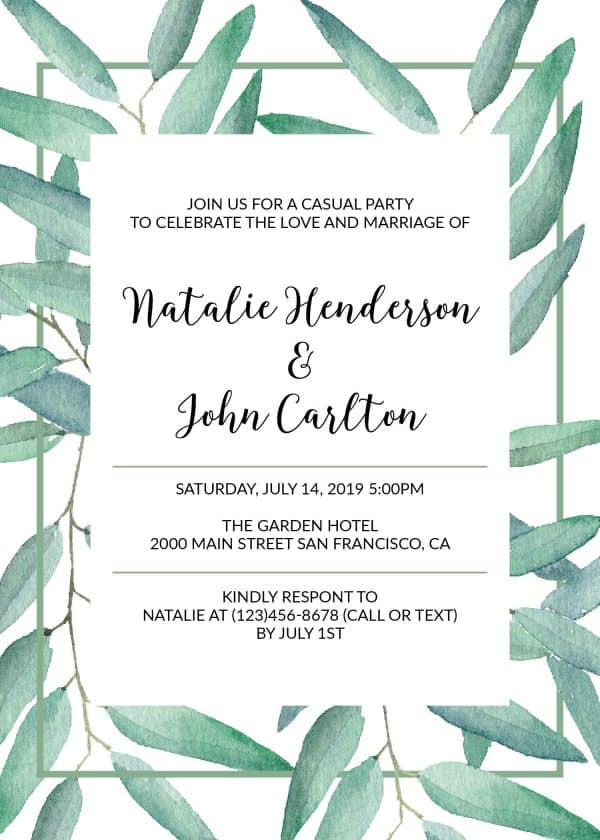 Fresh Green Branches, Elopement Reception Party Invitations, Casual Wedding Reception Cards, Printed Printable Wedding Party Card elopement251