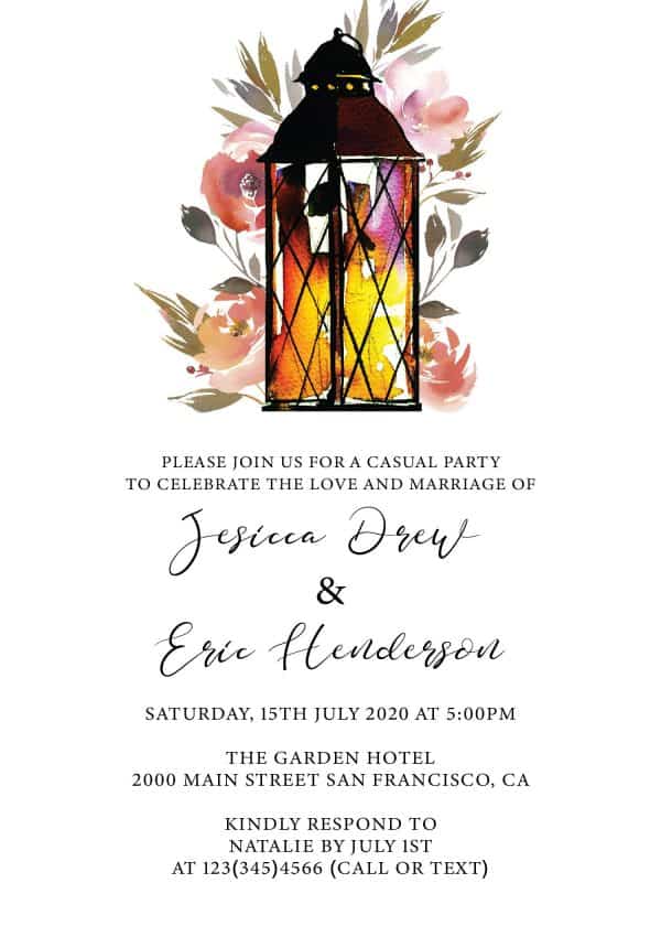 Rustic Elopement Reception Invitation Cards, Wedding Reception Invitations, Floral Invitation Card- Garden Lantern Design elopement273
