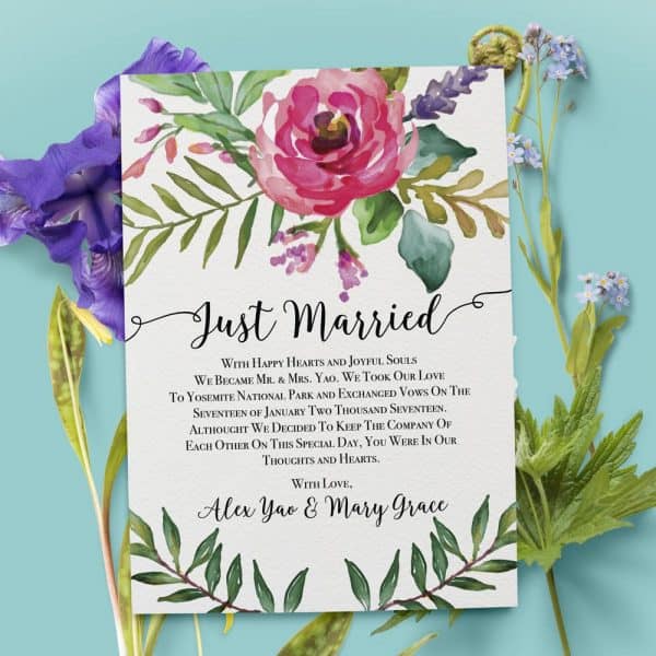 "Just Married" Cards, Elegant Floral Elopement Announcements, Elopement Announcement Cards elopement30