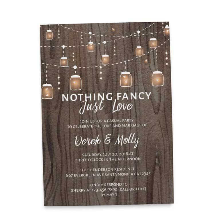 Rustic Nothing Fancy Just Love, BBQ Casual Party Invitation Cards with String Lights and Mason Jars elopement40