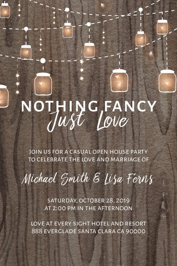 Rustic Nothing Fancy Just Love Wedding Reception Invitation Cards with String Lights and Mason Jars elopement138