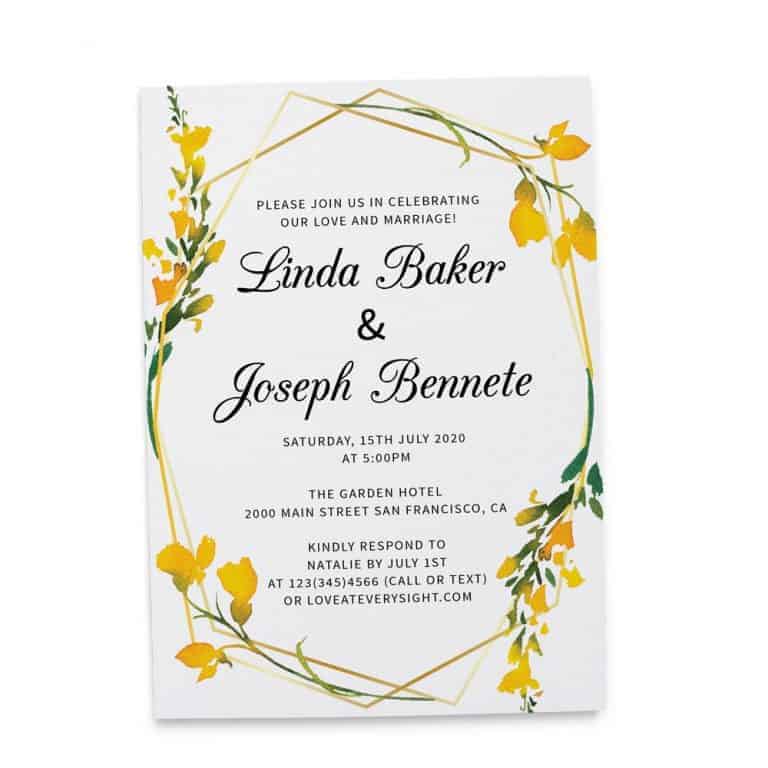 Floral Geometric Frame Yellow Spring Wedding Reception Invitations, Casual Elopement Party Cards Yellow Flower elopement363