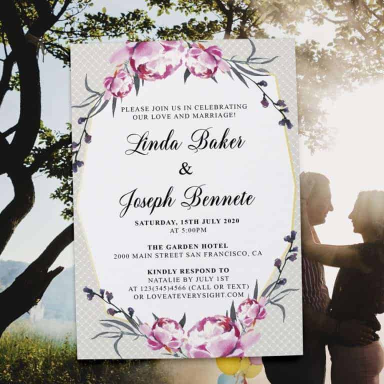 Rustic Geometric Frame Spring Wedding Reception Invitations, Casual Elopement Party Cards Pink Flowers  elopement364