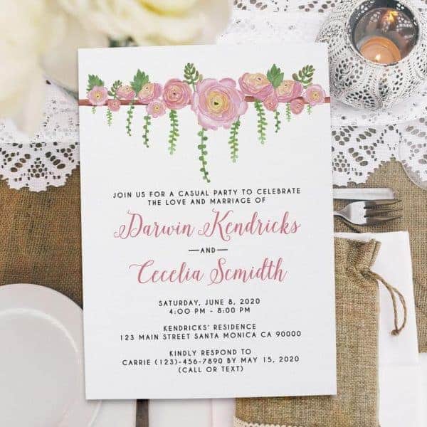 Rustic Floral Garland Reception Invitation Cards Floral Ranunculus & Succulent Watercolor, Casual Outdoor Elopement Party Cards elopement394