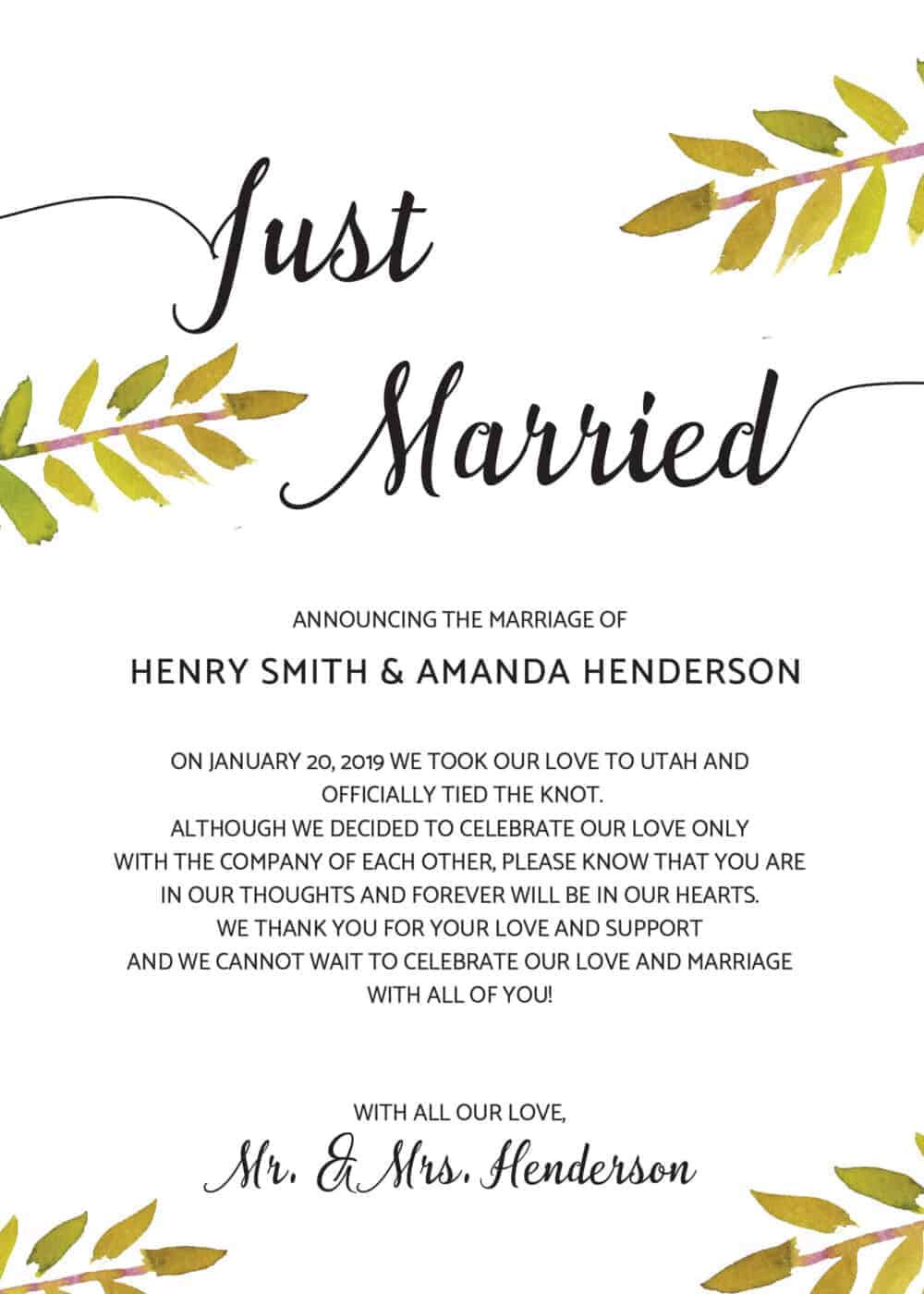 Just Married Elopement Announcement Cards with Leaves & Branches elopement124