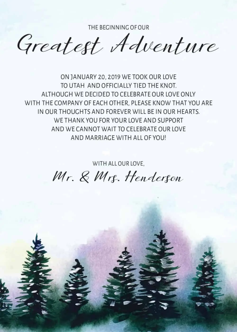 The Beginning of Our Greatest Adventure, Winter Pine Trees Elopement Cards, Elopement Announcement Cards elopement125