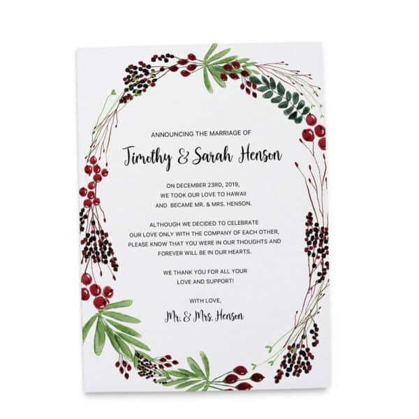 Holiday Christmas Elopement Announcement Cards, Christmas, Holiday Wreath Wedding Elopement Card, Announcement Cards elopement183