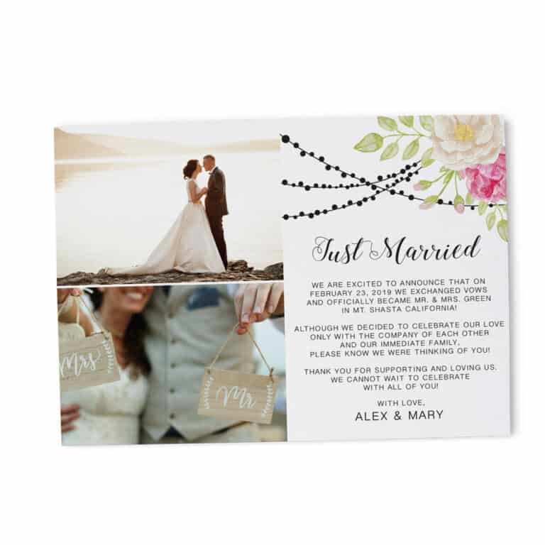 Just Married, Flat Elopement Announcement Cards with Photos, Personalized Post-Wedding Notice, Marriage Announcement Cards elopement198