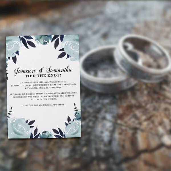 Elopement Announcement Cards "Tied the Knot!", Wedding Announcement Cards, Post- Wedding Announcement Cards, Blue Water-Floral Theme elopement310