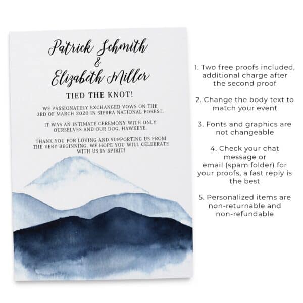 Simple Mountain View "Tied the Knot!" Elopement Announcement Card, We are Married, Elopement Wedding Announcement Cards #355 elopement355