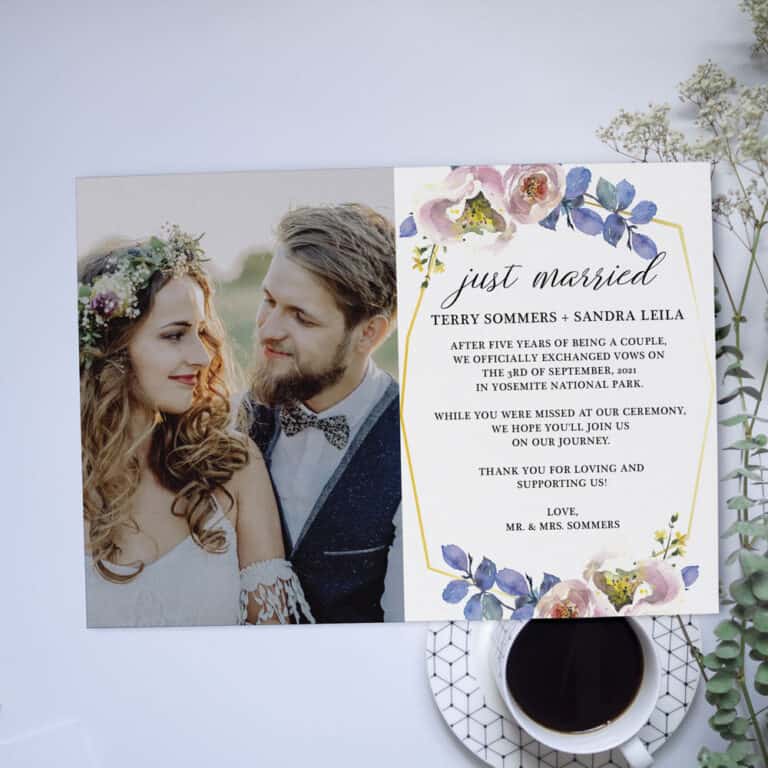 Just Married Floral Pink and Blue Elopement Announcement Card, Wedding Announcement Cards #368 elopement368