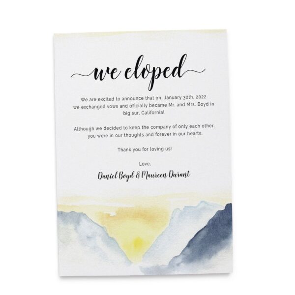 We Eloped , Elopement Announcement Cards, Mountain and dawn painted in water color Elopement , Wedding Elopement Card, elopement405