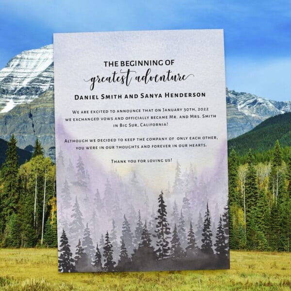 Elopement Announcement Card, Mountain Forest Wedding Destination Card, The Beginning of our greatest adventure #413