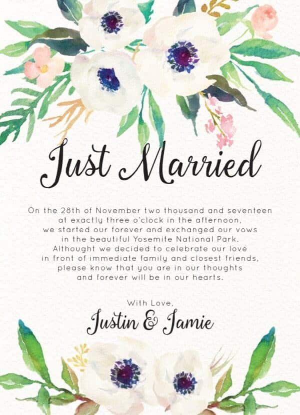 Just Married Elopement Cards, Elegant Floral Elopement Announcements, Elopement Announcement Cards elopement45