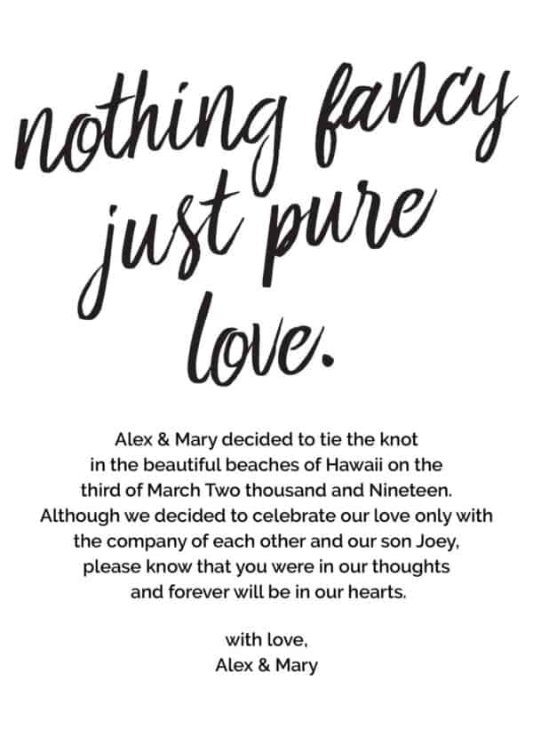 Nothing Fancy Just Pure Love Elopement Announcement Cards,Wedding Announcement Cards, Printed and Printable Elopement Announcement Cards elopement78