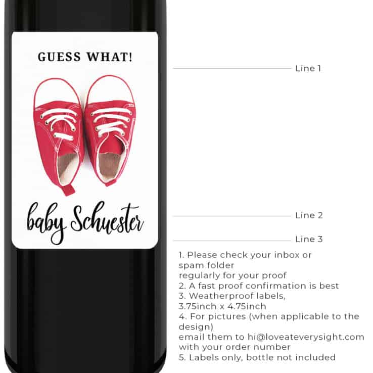 Red baby shoe sneaker Guess What! Pregnancy announcement wine labels bwinelabel194