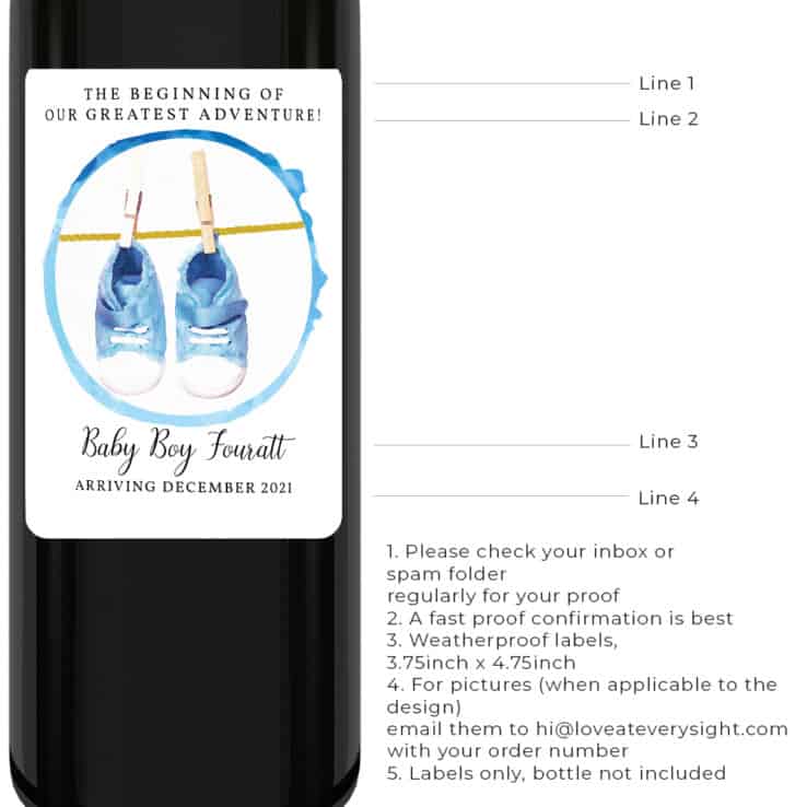 Blue shoes personalized baby pregnancy gender reveal wine labels bwinelabel203