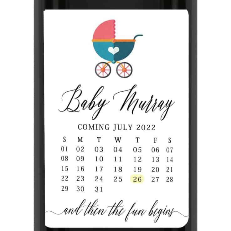 Pregnancy announcement wine label calendar and gender neutral design bwinelabel209
