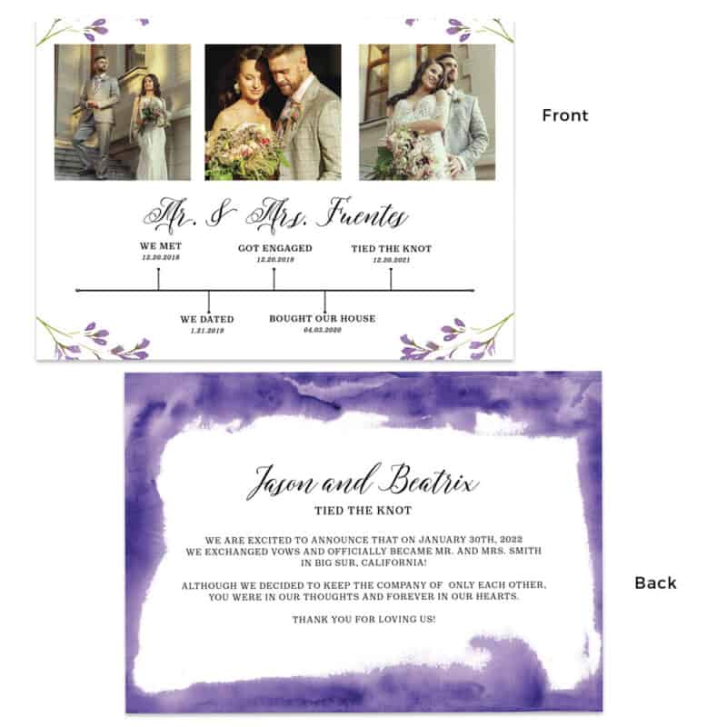 Purple wedding elopement announcement cards with relationship timeline, Custom #467
