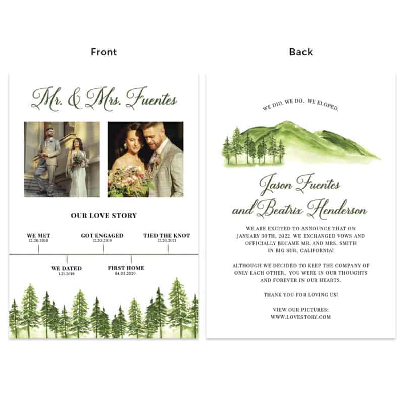 Outdoor wedding elopement announcement cards, forest, trees and mountain spring #469