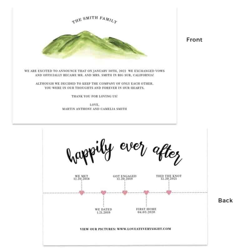 Happily ever after wedding elopement announcement cards, outdoor mountain wedding #470