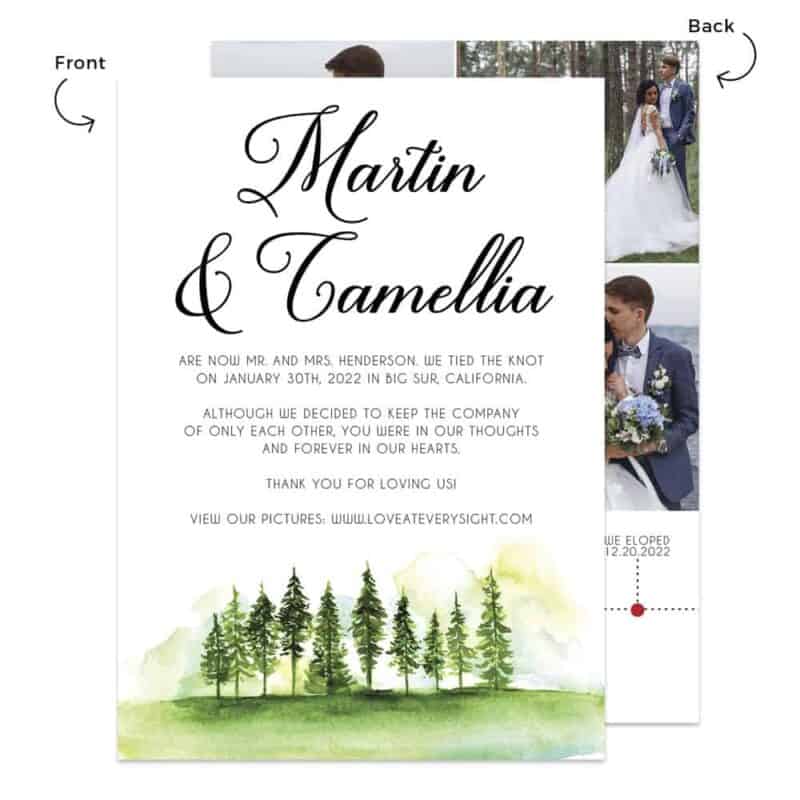 Nature forest wedding elopement announcement cards with relationship timeline #472