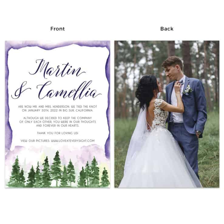 Outdoor nature forest wedding elopement announcement cards, purple #473